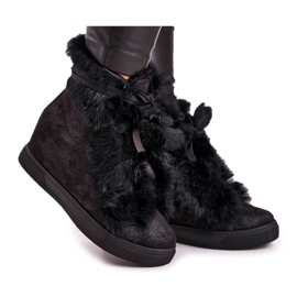 Damskie Sneakersy Na Koturnie z Futerkiem Czarne Pretty srebrny