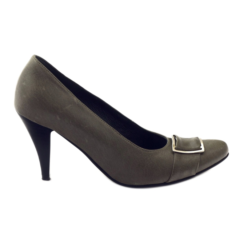 Czółenka skórzane szare ze srebrną klamrą Korda