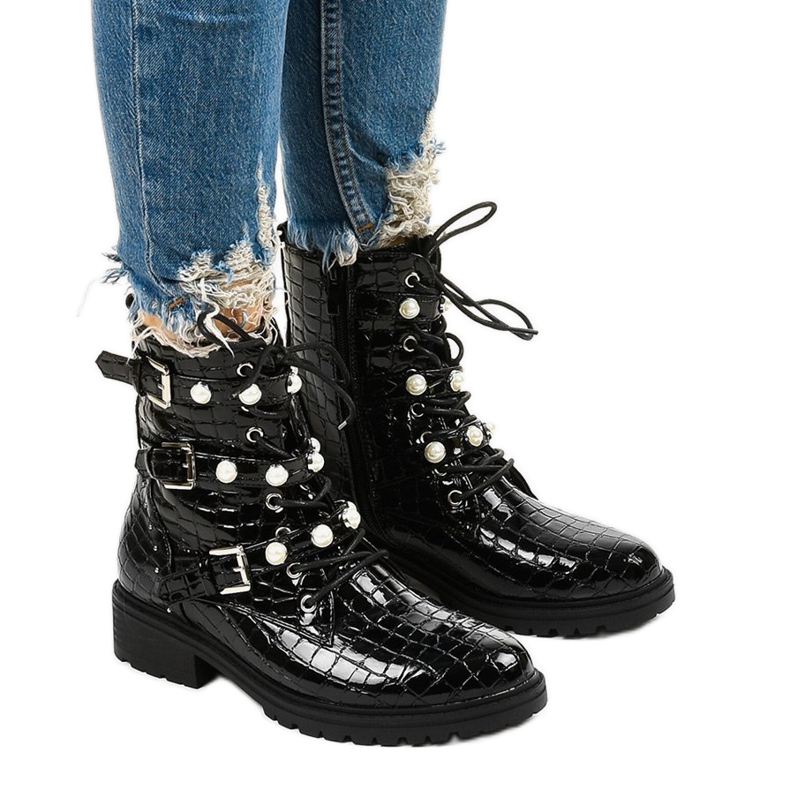 Czarne płaskie botki ocieplane perełki Torwain