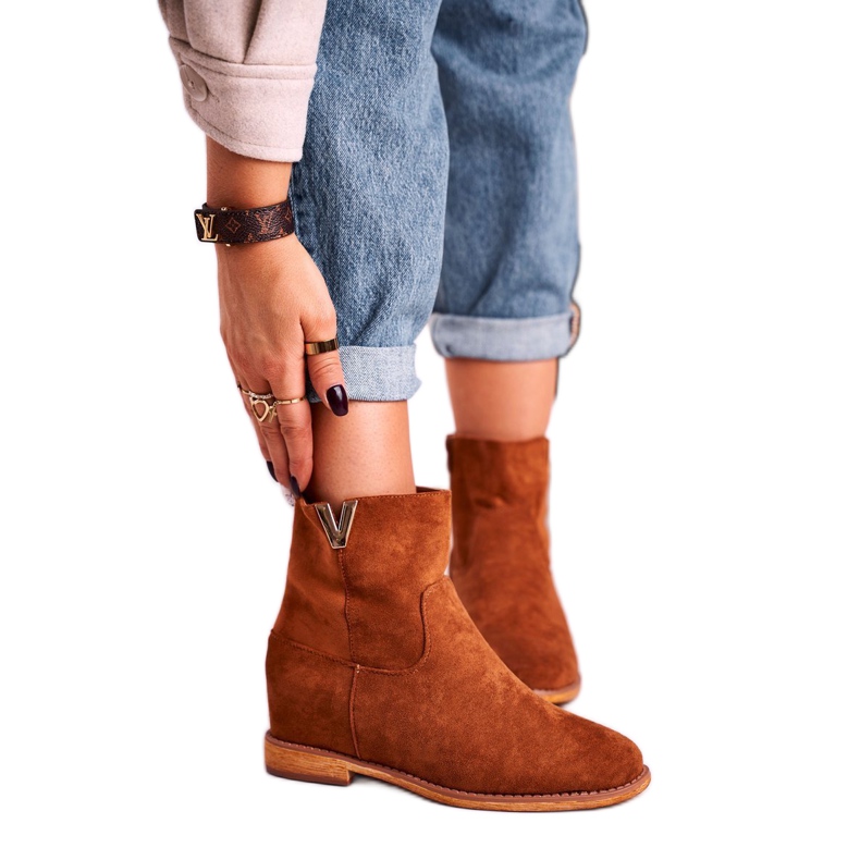 FG1 Damskie Botki Na Koturnie Zamszowe Brązowe Vanya