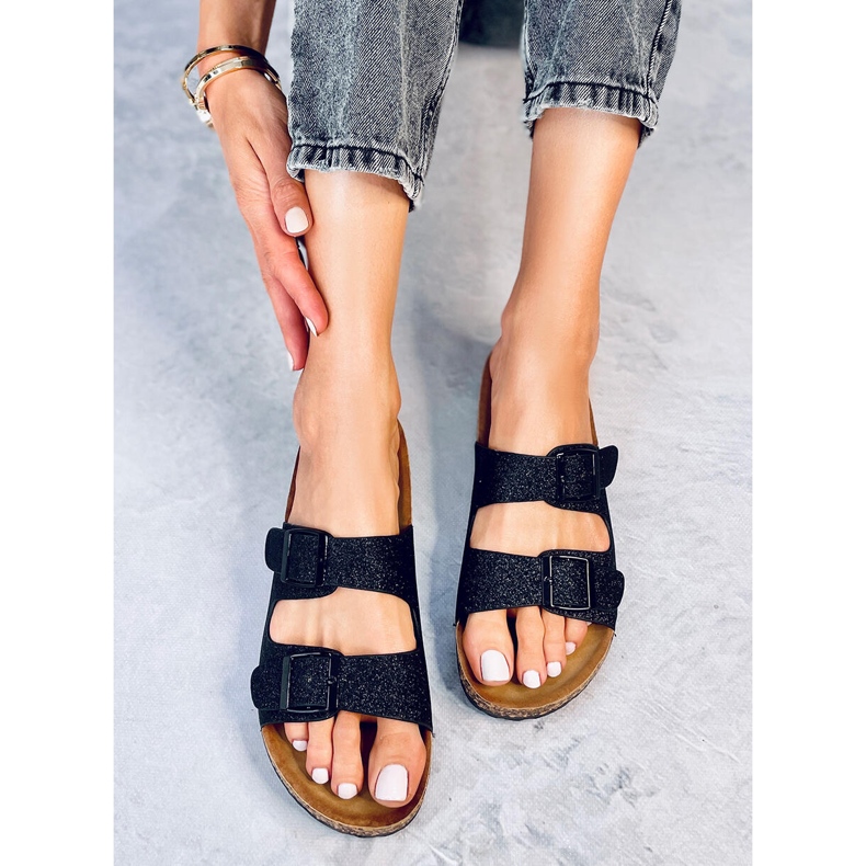 Klapki korkowe brokatowe Alexa Black czarne 1