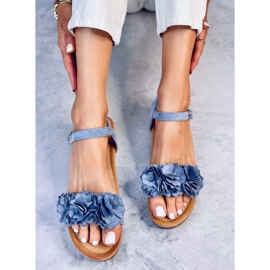 Sandałki na koturnie z kwiatami Pionter Blue niebieskie 4
