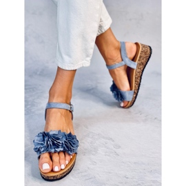 Sandałki na koturnie z kwiatami Pionter Blue niebieskie 3
