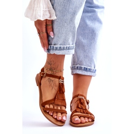 Sandały Damskie Płaskie Zamszowe Boho Brązowe Lucami 1