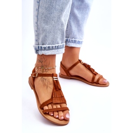 Sandały Damskie Płaskie Zamszowe Boho Brązowe Lucami 2