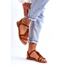 Sandały Damskie Płaskie Zamszowe Boho Brązowe Lucami 4