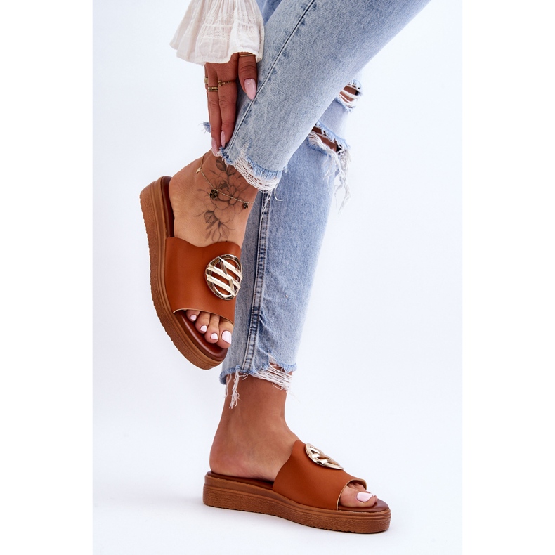 Damskie Klapki Z Ozdobą Camel Secrets brązowe 2