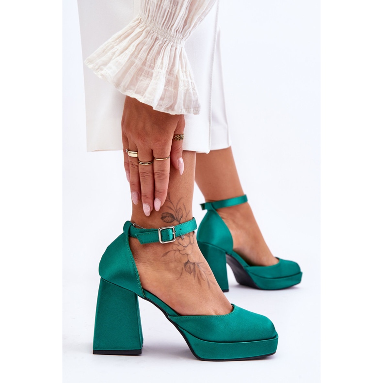 Modne Czółenka Na Masywnym Obcasie Zielone Sandia 2