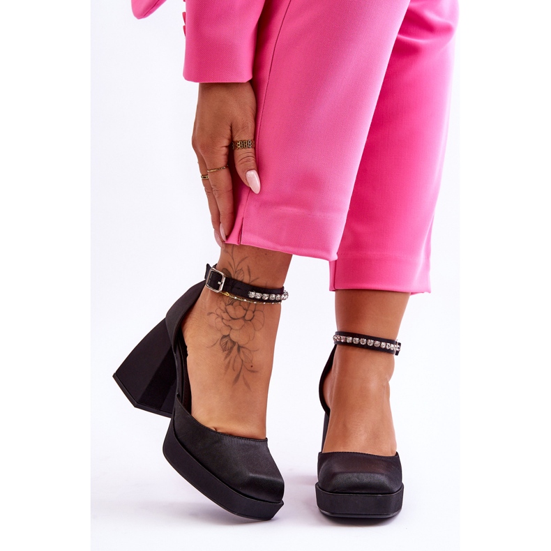 Modne Czółenka Na Masywnym Obcasie Z Cyrkoniami Czarne Adel 1