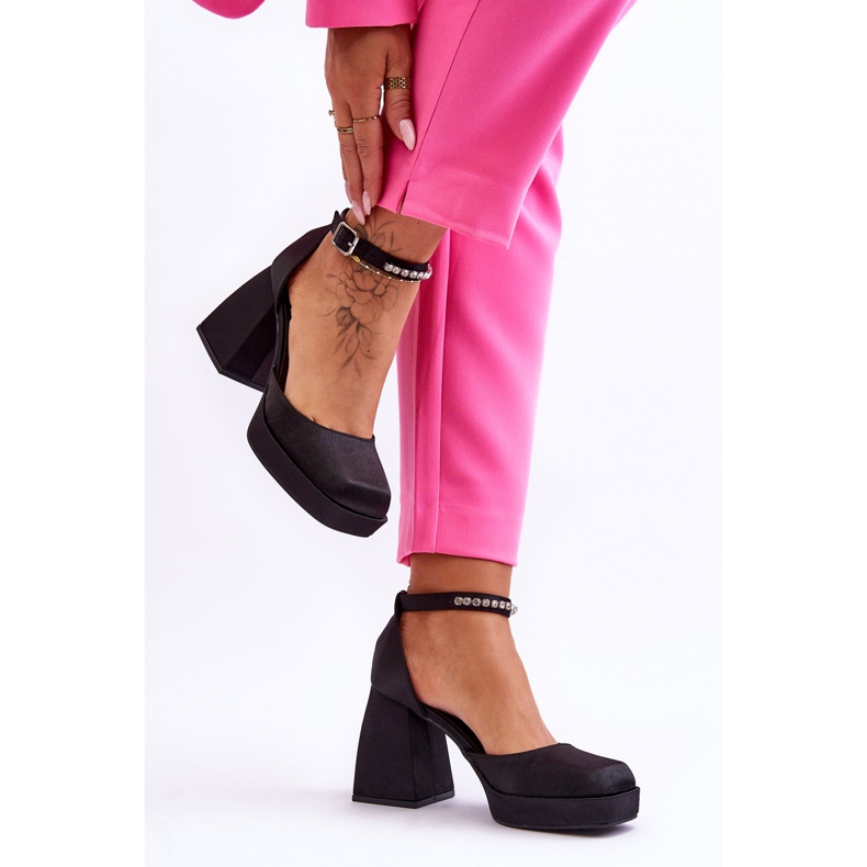 Modne Czółenka Na Masywnym Obcasie Z Cyrkoniami Czarne Adel 2