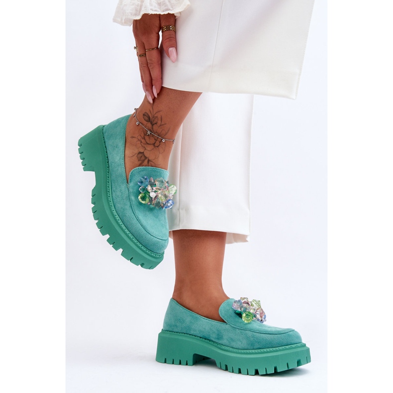 PS1 Damskie Mokasyny Z Ozdobnymi Kryształami Zielone Avril 2