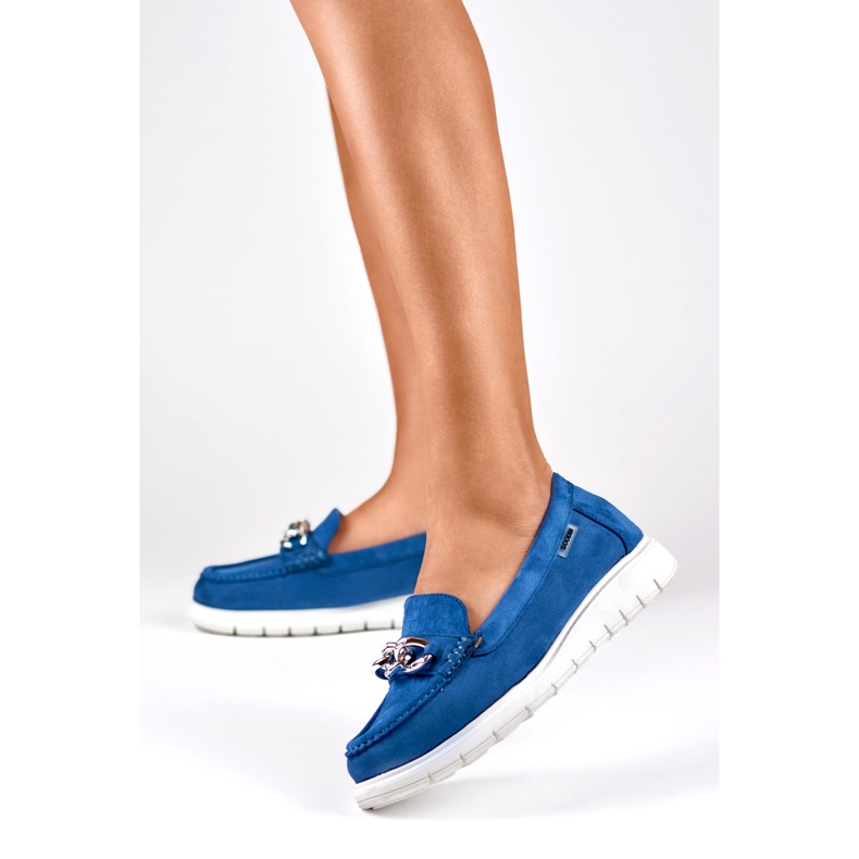 Granatowe mokasyny damskie na niskiej platformie niebieskie 2