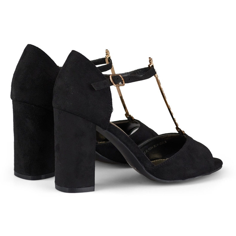 Eleganckie sandały na obcasie ze złotym zdobieniem czarne 1