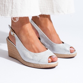 W. Potocki Eleganckie sandały na koturnie Potocki srebrne srebrny 1