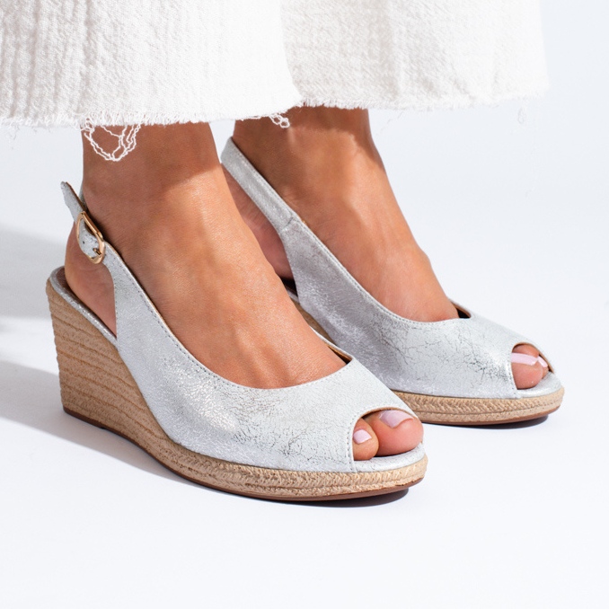 W. Potocki Eleganckie sandały na koturnie Potocki srebrne srebrny 1