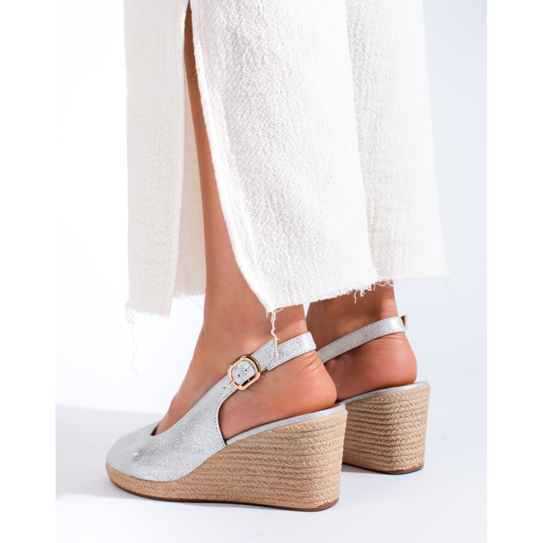 W. Potocki Eleganckie sandały na koturnie Potocki srebrne srebrny 2