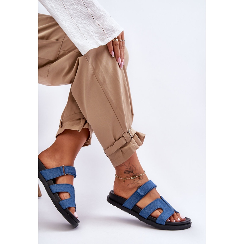 Materiałowe Damskie Klapki Na Rzep Ciemnoniebieskie Jose 1