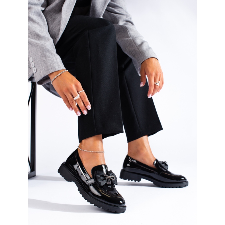 SHELOVET Mokasyny Z Kokardą czarne 1