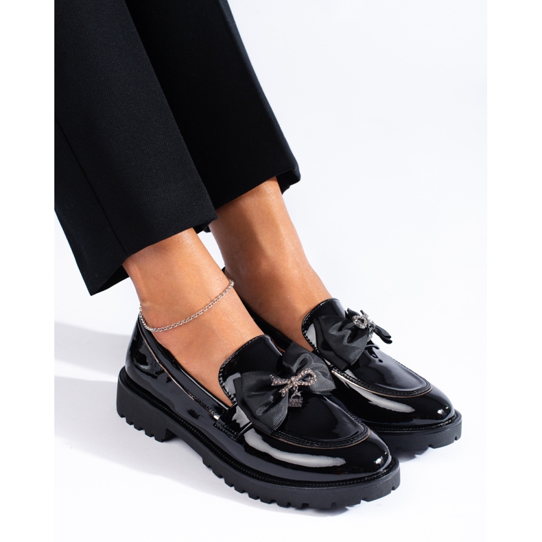 SHELOVET Mokasyny Z Kokardą czarne 2