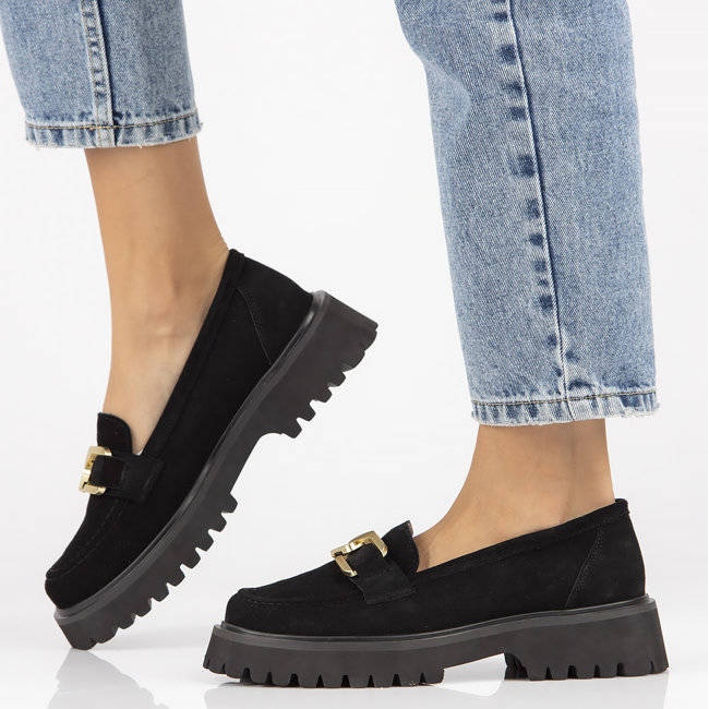 Skórzane zamszowe półbuty mokasyny na platformie czarne Filippo DP4916 1