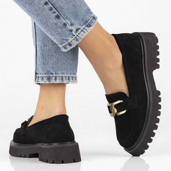 Skórzane zamszowe półbuty mokasyny na platformie czarne Filippo DP4916 2