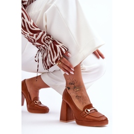 Modne Skórzane Czółenka Camel Rouse brązowe 2