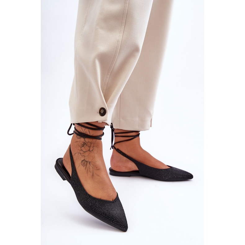 Wiązane Damskie Baleriny Zdobione Ćwiekami Czarne Jange 1