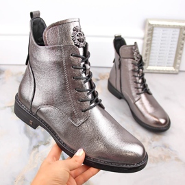 Botki damskie sznurowane i na zamek pewter Potocki SZ12179 srebrny 1