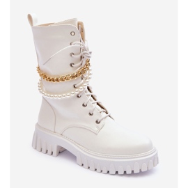 Skórzane Wysokie Workery Z Łańcuszkiem Białe Nameer 1