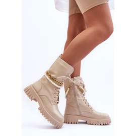 Skórzane Wysokie Workery Z Łańcuszkiem Beżowe Nameer beżowy 2