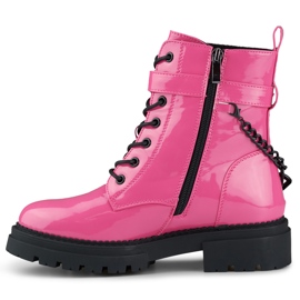 Różowe lakierowane workery damskie z odpinanym łańcuchem 1