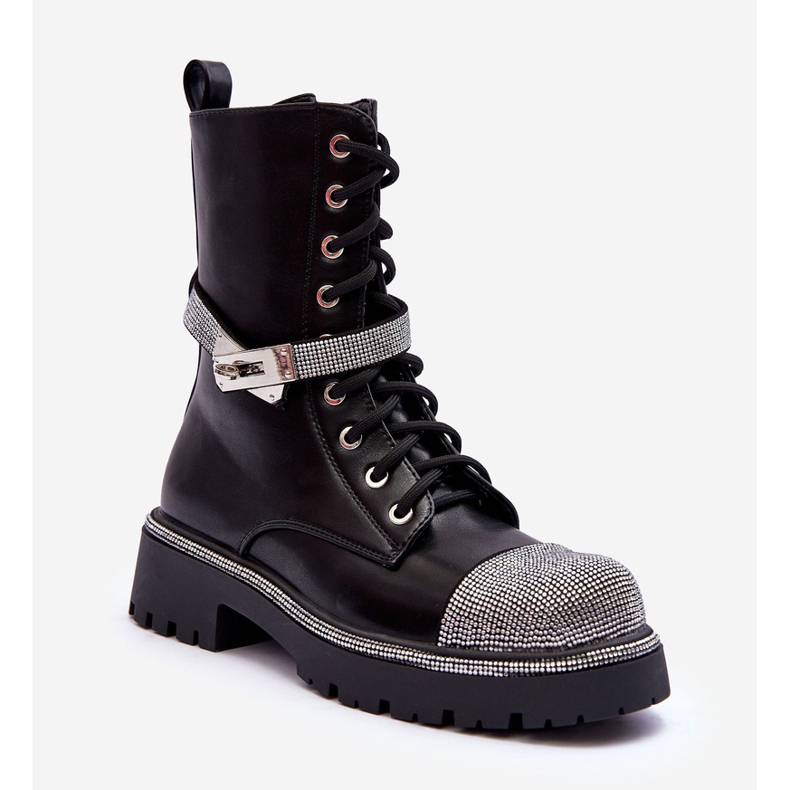 Skórzane Zdobione Botki Workery Damskie Czarne Totah 1