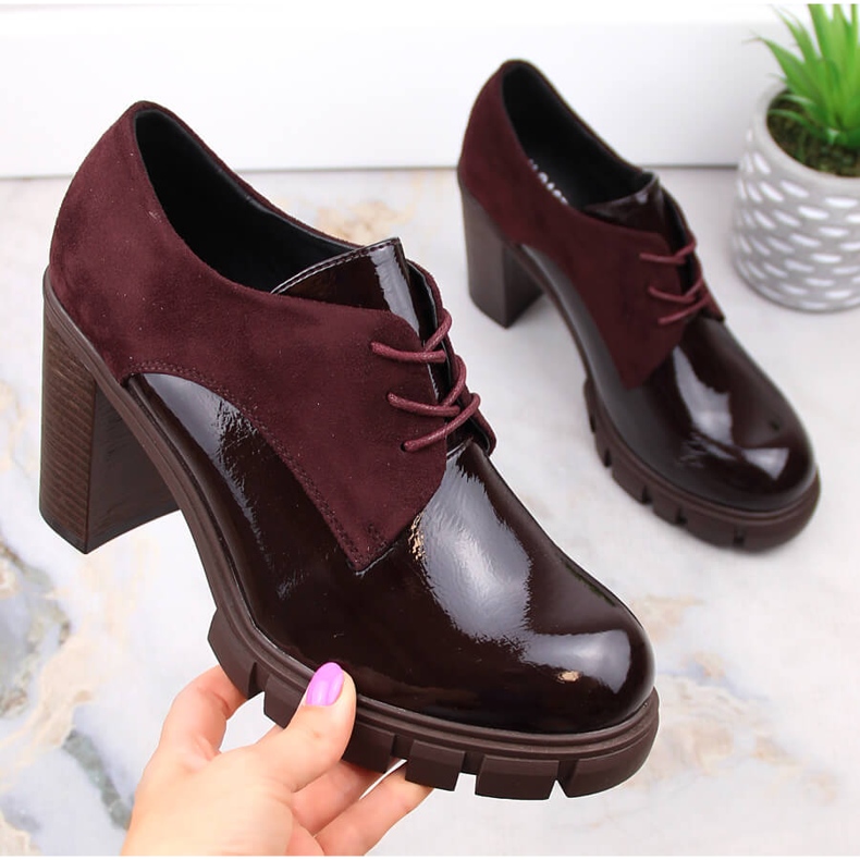 M. DASZYŃSKI Półbuty damskie na słupku i platformie bordowe M.Daszyński SA218-2 czerwone 1