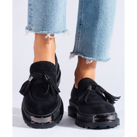 Czarne zamszowe mokasyny z frędzlami loafersy Shelovet 1