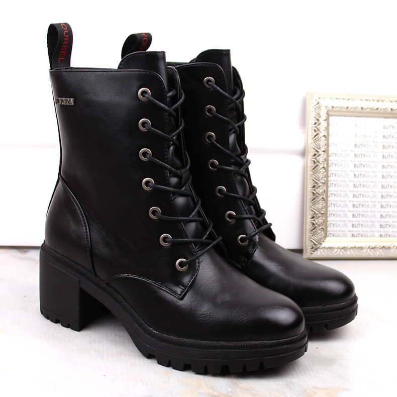 Botki na słupku sznurowane ocieplane czarne Vinceza 1