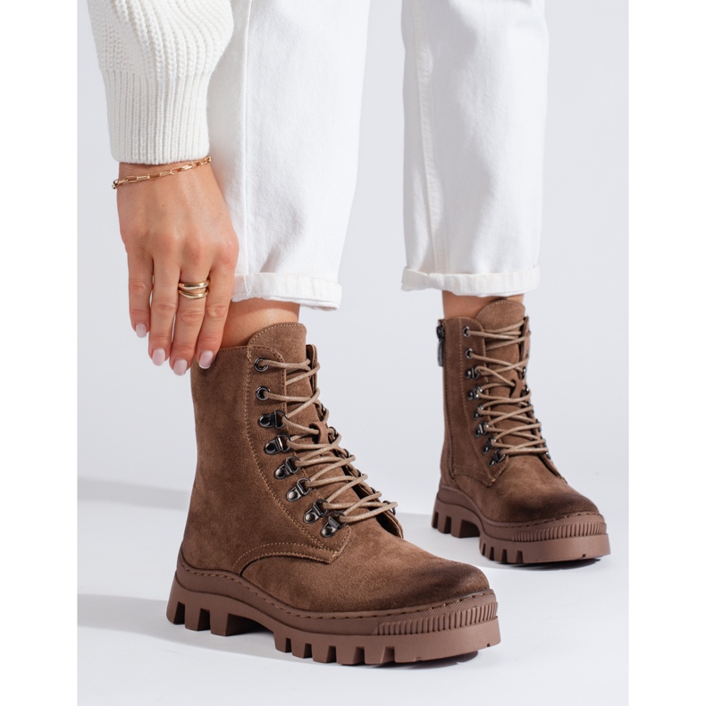 W. Potocki Beżowe zamszowe workery damskie Potocki brązowe 1