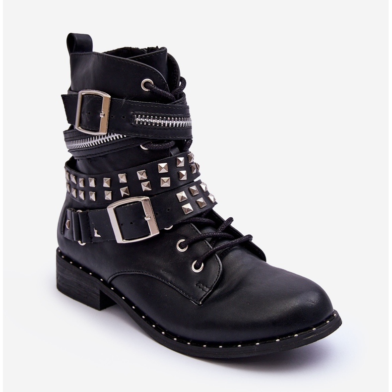 LU BOO Dziecięce Botki Z Ćwiekami Zamek Klamry Czarne 1