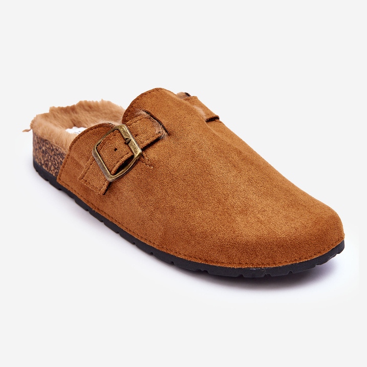 Zamszowe Klapki Damskie Z Futerkiem Brązowe Haidamia 1