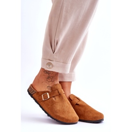 Zamszowe Klapki Na Korkowej Platformie Camel brązowe 3