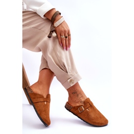 Zamszowe Klapki Na Korkowej Platformie Camel brązowe 2