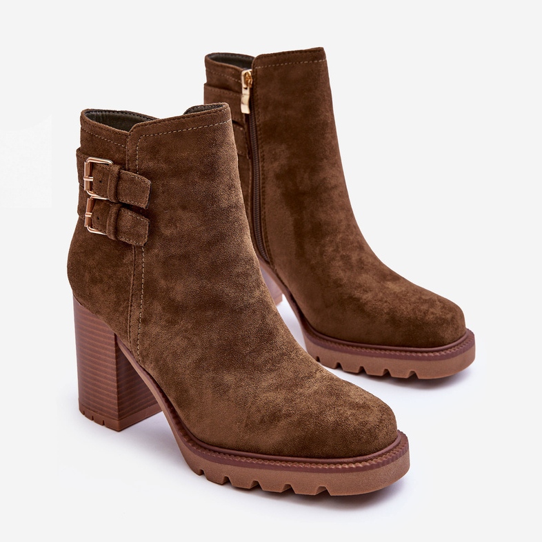 Zamszowe Botki Na Obcasie Oliwkowe Makeline brązowe 2