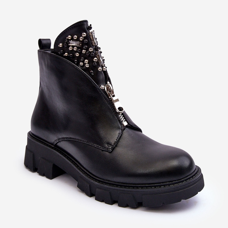 Niskie Zdobione Skórzane Botki Z Suwakiem Czarne Escika 2