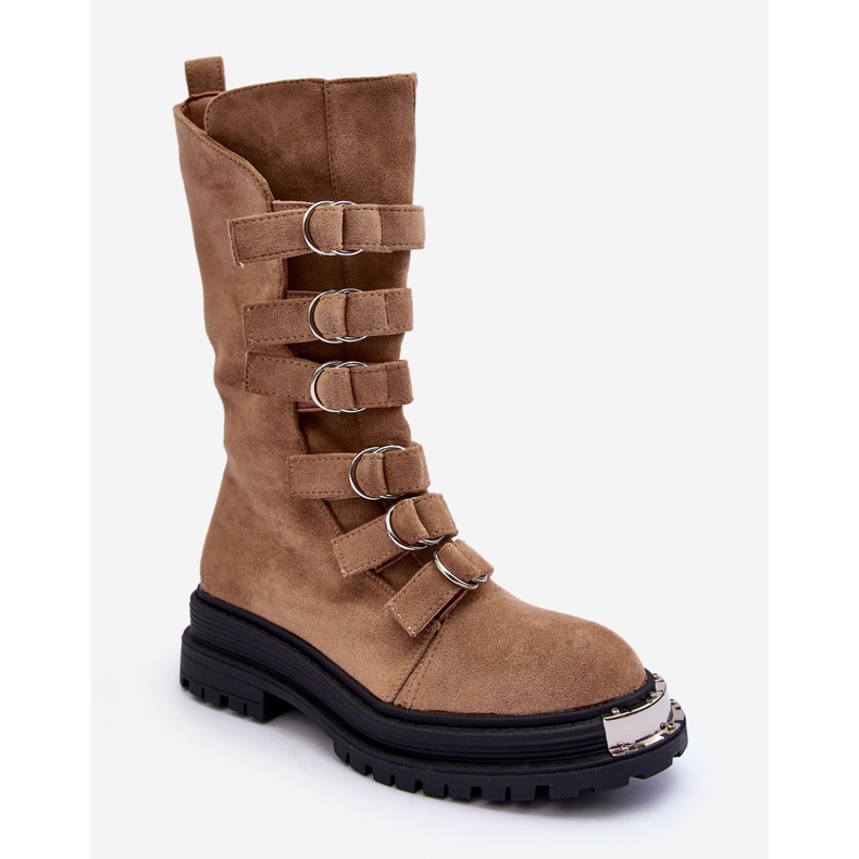 Zamszowe Wysokie Botki Workery Z Paskami Beżowe Elnatea beżowy 1