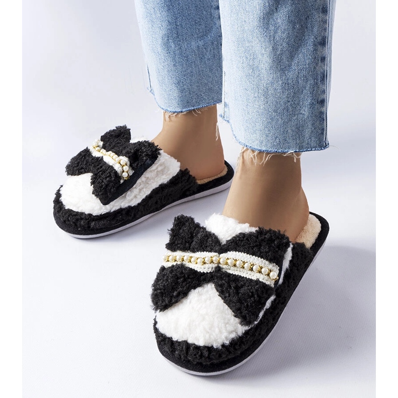 Czarno-białe kapcie z kokardką Bow czarne 1