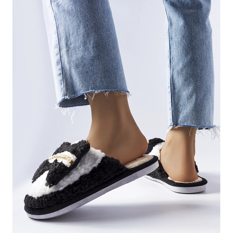 Czarno-białe kapcie z kokardką Bow czarne 2