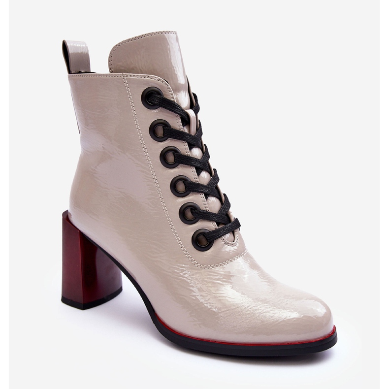 Lakierowane Sznurowane Botki Na Słupku S.Barski MR870-15 Jasnoszare 2