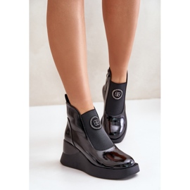 Skórzane Botki Na Koturnie S.Barski MR870-22 Czarne 2