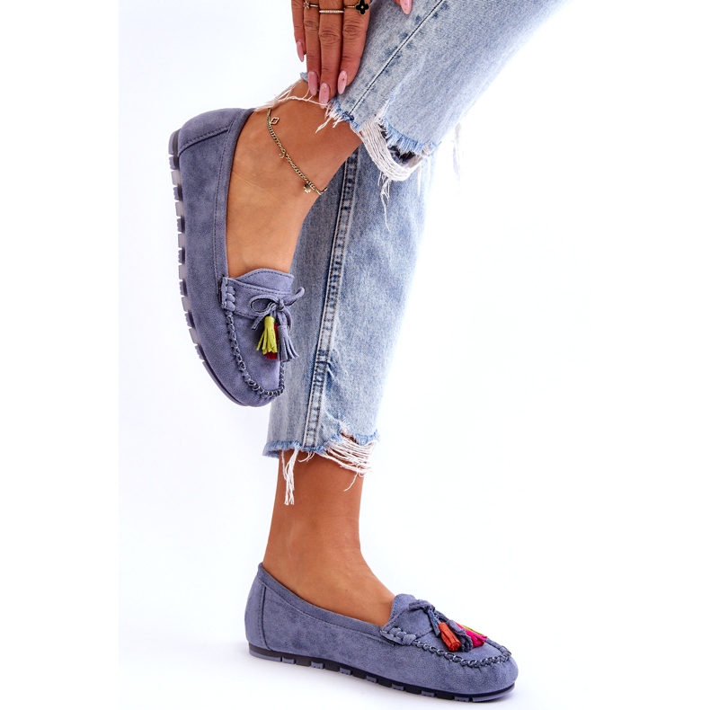 Zamszowe Mokasyny Z Kokardą I Frędzlami Niebieskie 1