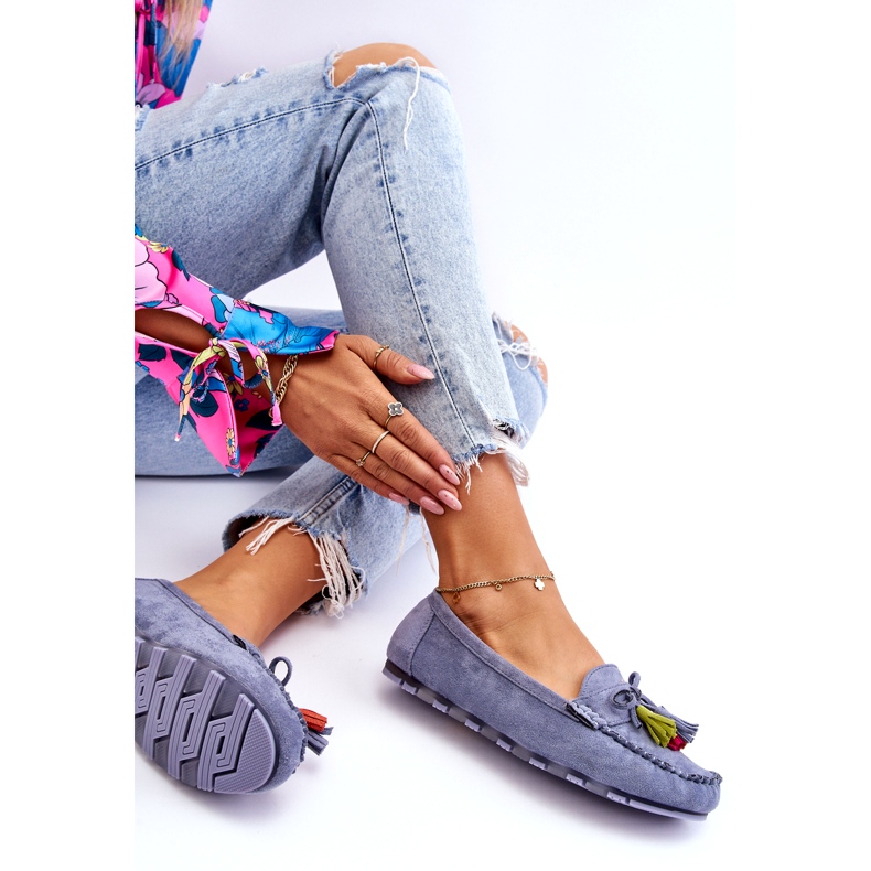 Zamszowe Mokasyny Z Kokardą I Frędzlami Niebieskie 4
