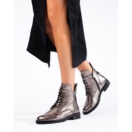 W. Potocki Srebrne botki na płaskim obcasie Potocki brązowe 1